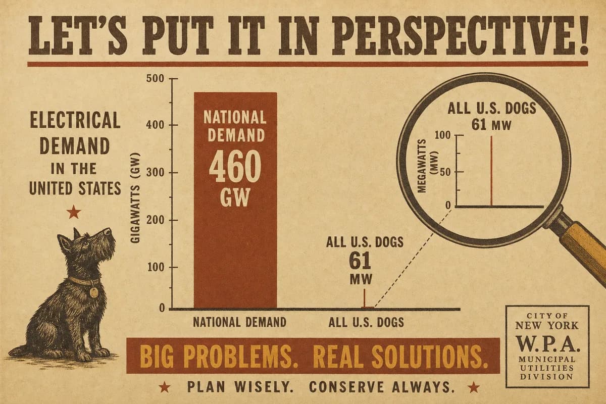 A bar chart contrasting a very tall national-demand bar with a nearly invisible sliver for the total dog output, shown enlarged in an inset.