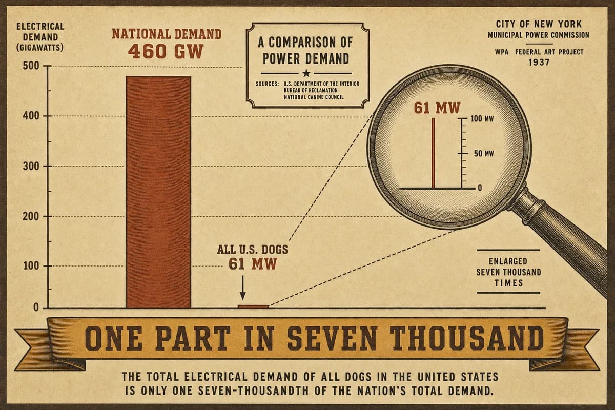 A Victorian scientific chart plate showing one towering bar labeled NATIONAL DEMAND beside a hair-thin sliver labeled ALL U.S. DOGS, a magnifying inset held over the sliver, cross-hatched engraving under a banner reading ONE PART IN SEVEN THOUSAND