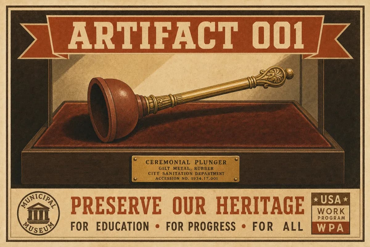 A gilt-handled ceremonial plunger mounted on velvet inside a glass museum case, a small brass accession plaque below it, lit from the side.