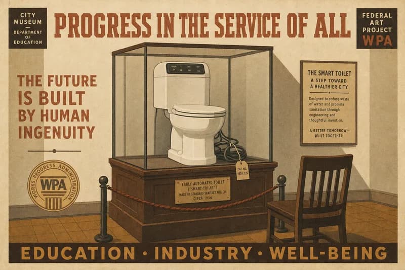 A museum gallery photograph of a glass display case containing a toilet, with a rope barrier and a single chair facing it.