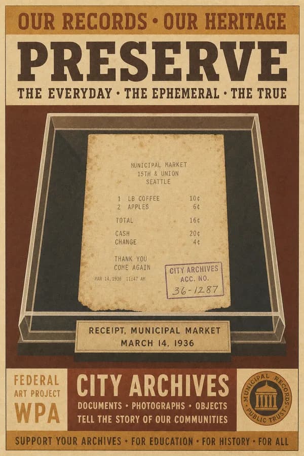 A faded thermal receipt with several lines of machine print, mounted under glass with an accession stamp.