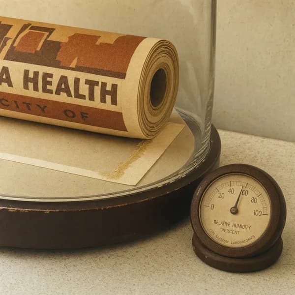 A close photograph of a toilet paper roll under a glass dome, its first sheet still sealed, beside a small humidity gauge.