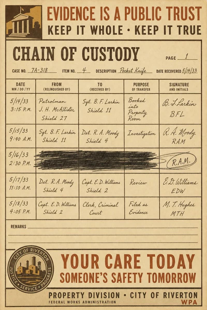 A ruled ledger page with five handwritten custody entries, one crossed out and initialed.