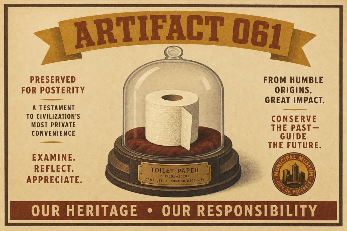 A single roll of toilet paper on a velvet mount beneath a glass bell jar, a small brass plaque at the base, lit from the side.