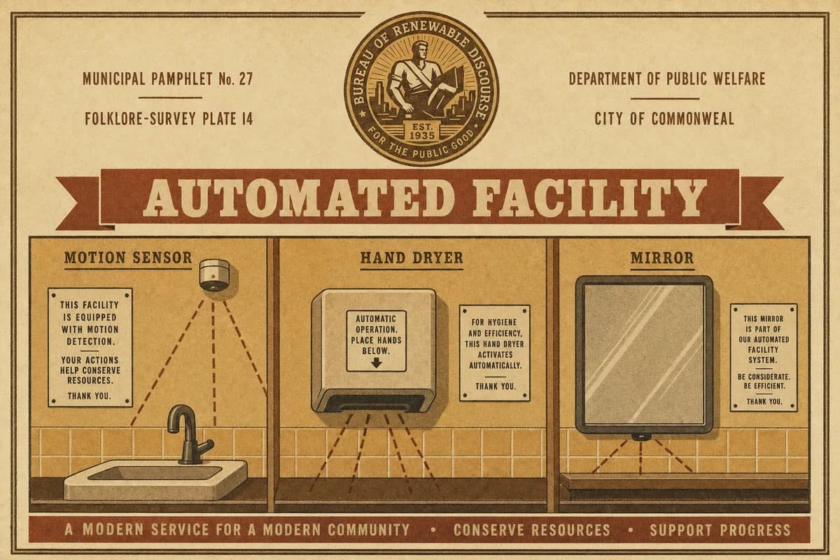 A folklore-survey plate beneath the embossed seal of the Bureau of Renewable Discourse, a labeled panel of modern restroom fixtures — a motion sensor, a hand dryer, and a mirror — each with a small posted notice, a banner reading AUTOMATED FACILITY.