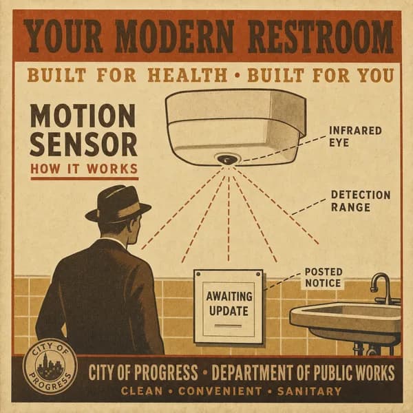 A diagram of an infrared motion sensor on a restroom fixture with dashed detection lines and a small posted notice beneath it.