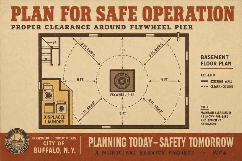 A basement floor plan with a circular flywheel pier at center, dashed clearance arcs around it, and laundry appliances drawn in a far corner.
