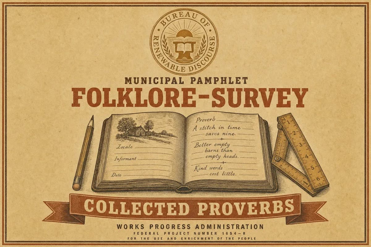 A folklore-survey cover plate beneath the embossed seal of the Bureau of Renewable Discourse, an engraved open field notebook flanked by a pencil and a folding rule, a banner reading COLLECTED PROVERBS.
