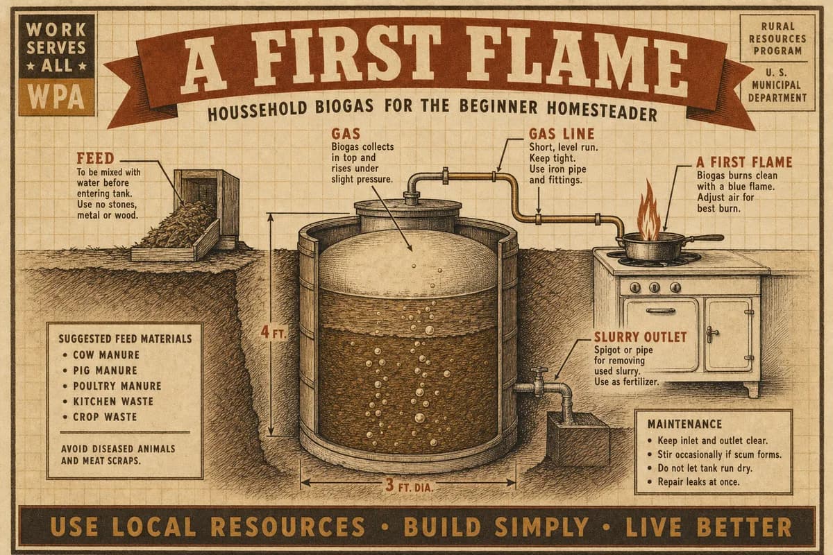 A vintage homesteading-manual cutaway of a household biogas system: a sealed barrel of slurry, a rising gas dome, and a short gas line to a single kitchen burner, hand-labeled with dimension lines, titled A FIRST FLAME, in cream, brown, and ochre tones.