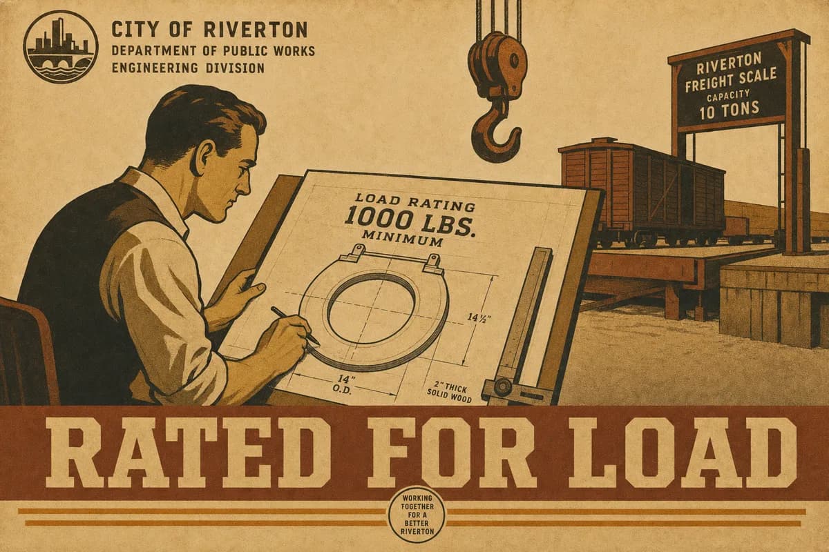 A poster-style illustration of an engineer studying a toilet-seat blueprint marked with a large weight figure, freight equipment behind him, above the words RATED FOR LOAD.
