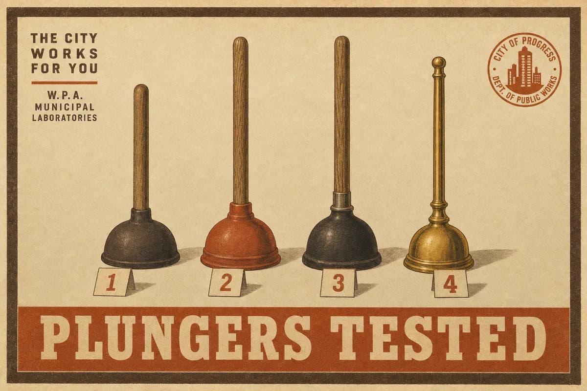 Four plungers of increasing refinement stood side by side on a cream studio background, each with a small numbered card at its base, beneath the words PLUNGERS TESTED.