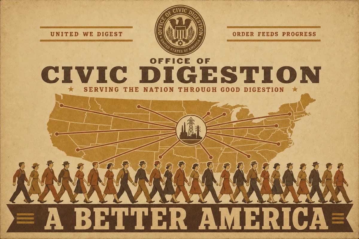 A national civic poster beneath the embossed seal of the Office of Civic Digestion, a map of the United States crossed by orderly contribution lines converging on a central grid, over a banner reading A BETTER AMERICA