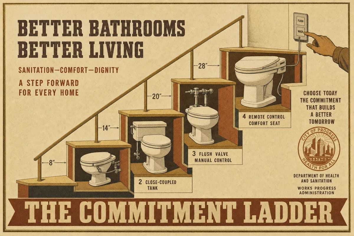 A cream WPA-style plate showing a rising staircase of bathroom fixtures, from a small under-seat attachment on the lowest step up to a remote-controlled seat on the highest, a hand reaching toward a wall switch, beneath the words THE COMMITMENT LADDER.
