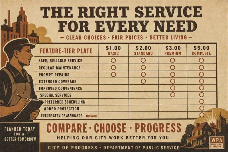 A ruled comparison table of four price tiers with filled and empty circles marking features.