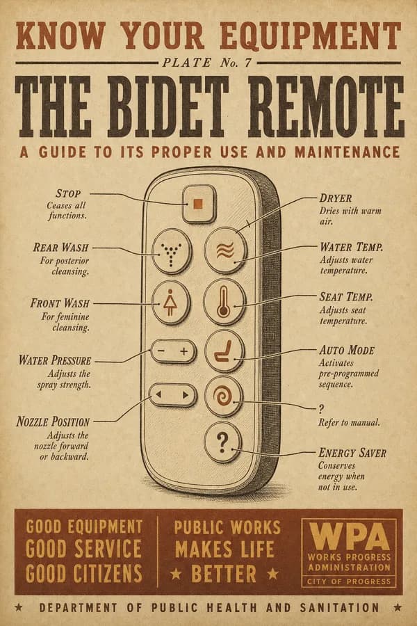 An anatomical-style diagram of a remote control with labeled annotation lines to each button, one labeled with a question mark.