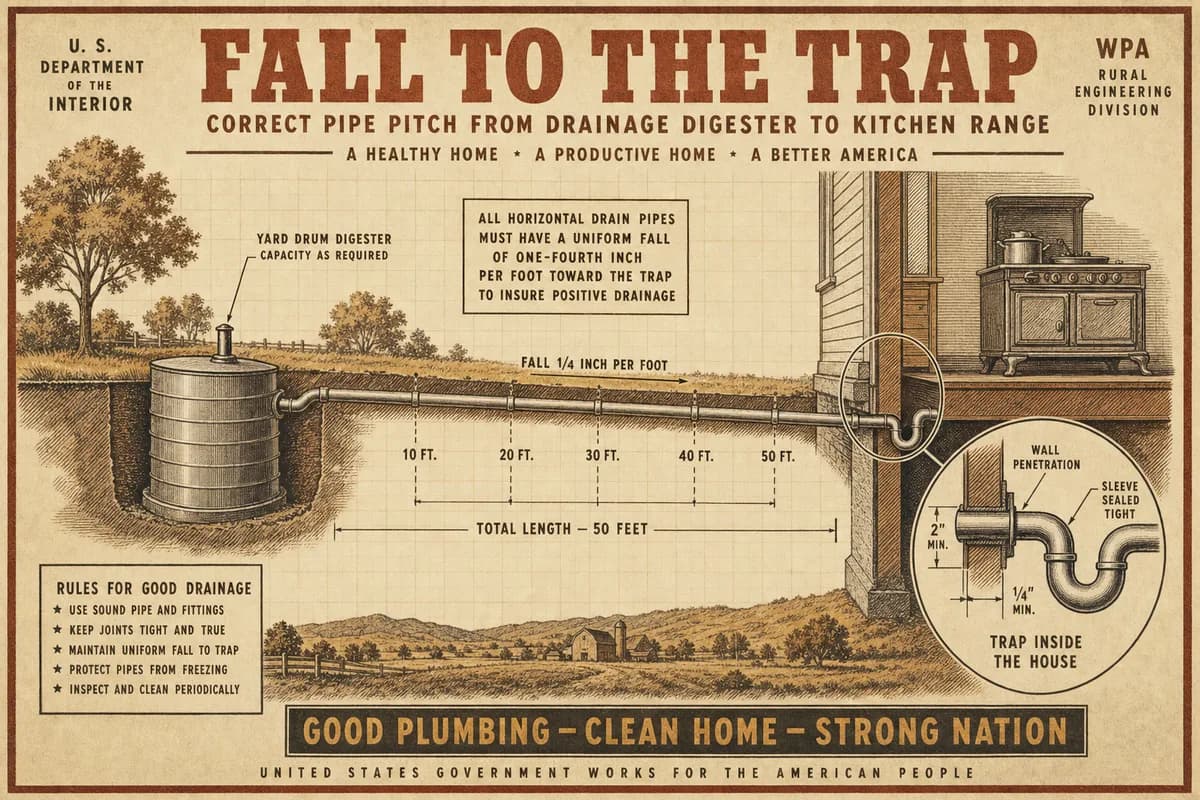 A profile diagram of a gas line running from a yard drum to a house, with slope measurements and a magnified detail of the wall penetration.