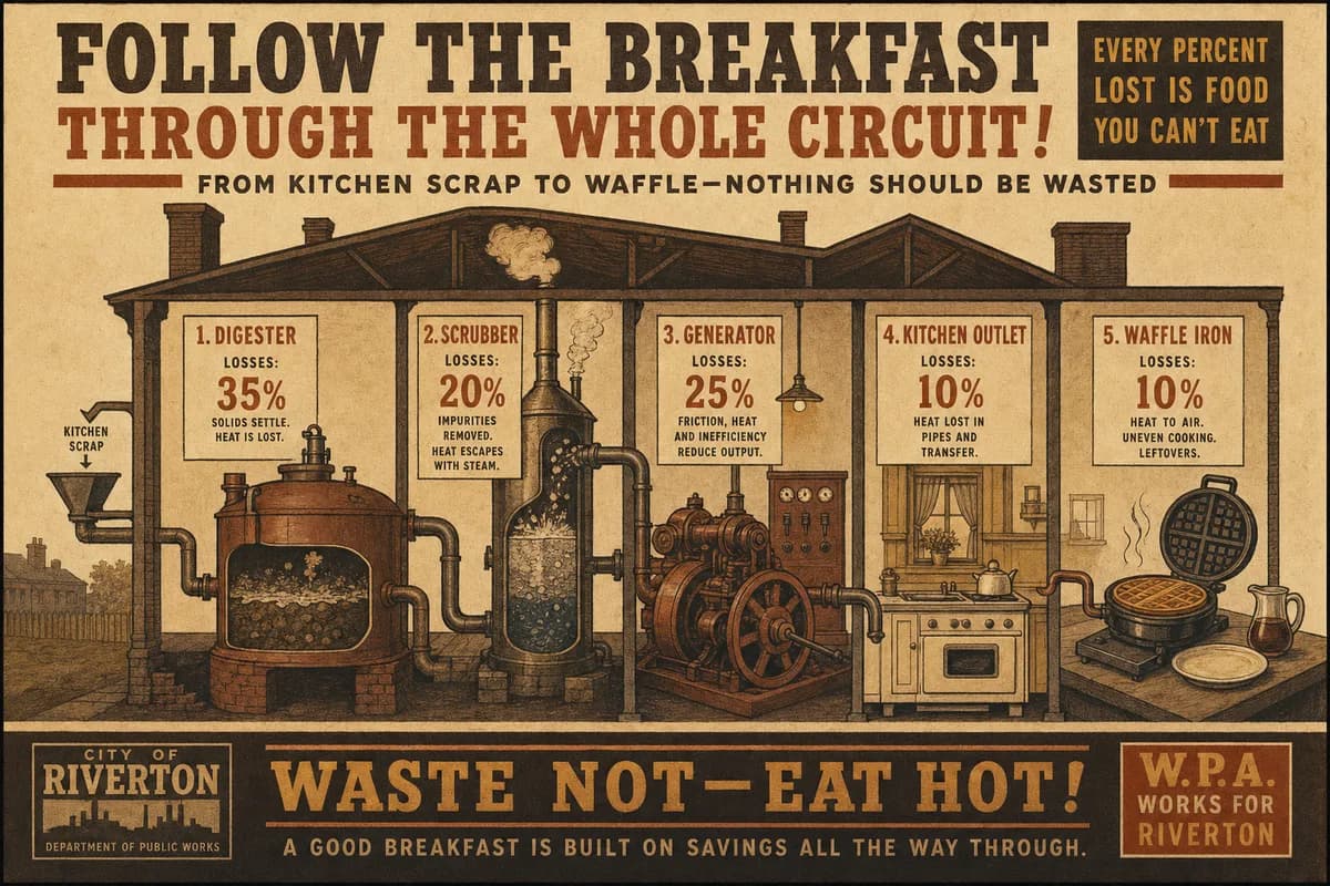 A cutaway diagram tracing a line from a backyard digester through a scrubber and generator to a kitchen waffle iron, each stage labeled with a percentage.