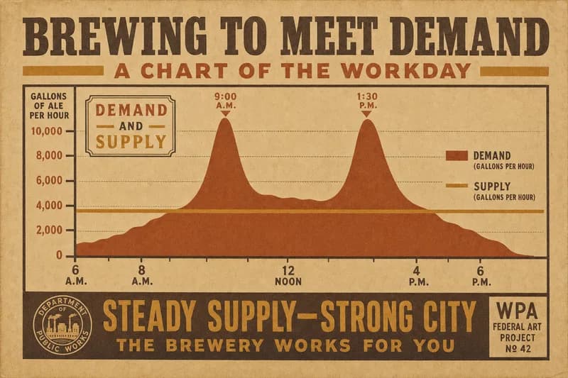 A chart of coffee demand over a workday with two sharp peaks, and a much lower flat line labeled floor supply.