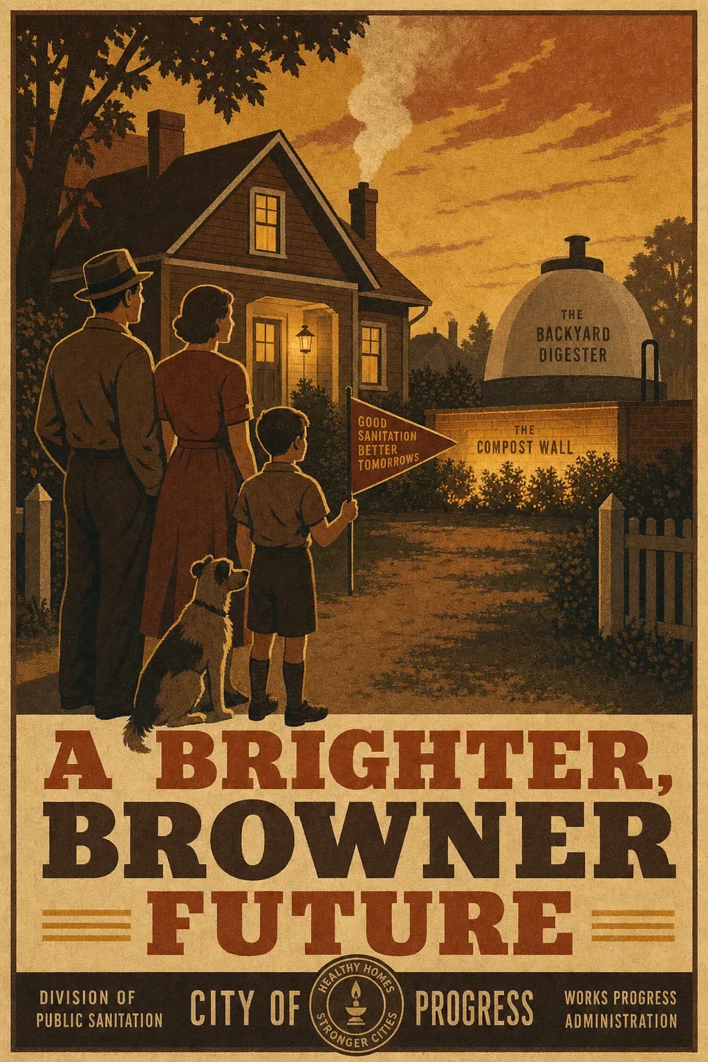 A hopeful home-front poster of a family standing before a warm lamplit house at dusk, a backyard digester dome and a softly glowing compost wall behind it, a child holding a small pennant, long golden light and rising hearth smoke, captioned A BRIGHTER, BROWNER FUTURE.