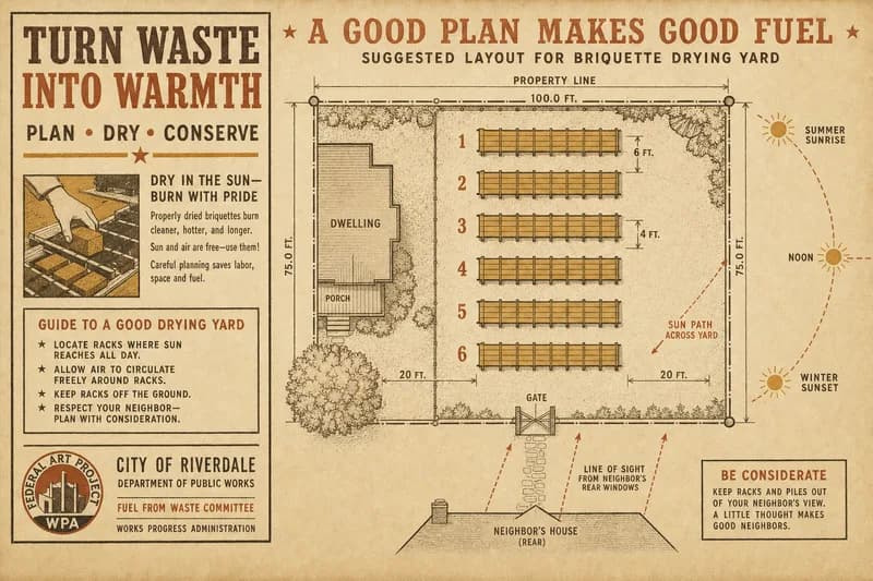 A backyard site plan showing numbered rows of drying racks, a dotted sun path, and an annotated property line.