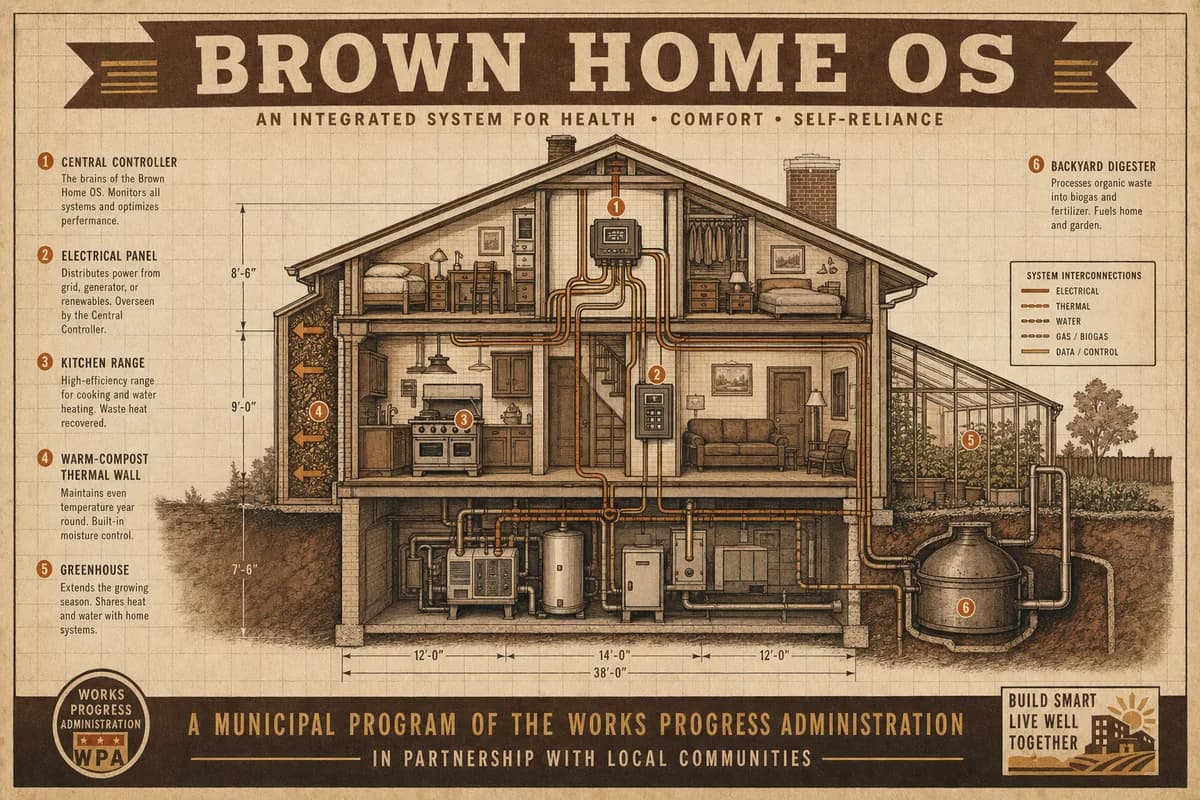 A vintage-style cutaway diagram of a house in cross-section with each subsystem labeled — a backyard digester, a compost thermal wall, a kitchen range, an electrical panel, a greenhouse, and a central controller connecting them — in cream, brown, and ochre tones.