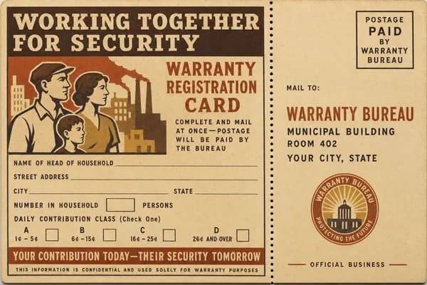 A perforated warranty registration card with ruled fields and a postage-paid marking.