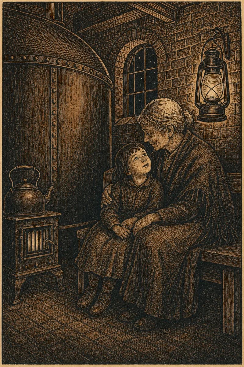 A woodcut of an old woman and a child sitting close on a bench inside a warm brick digester house at night, the curved iron flank of the digester beside them and a kettle on a stove.