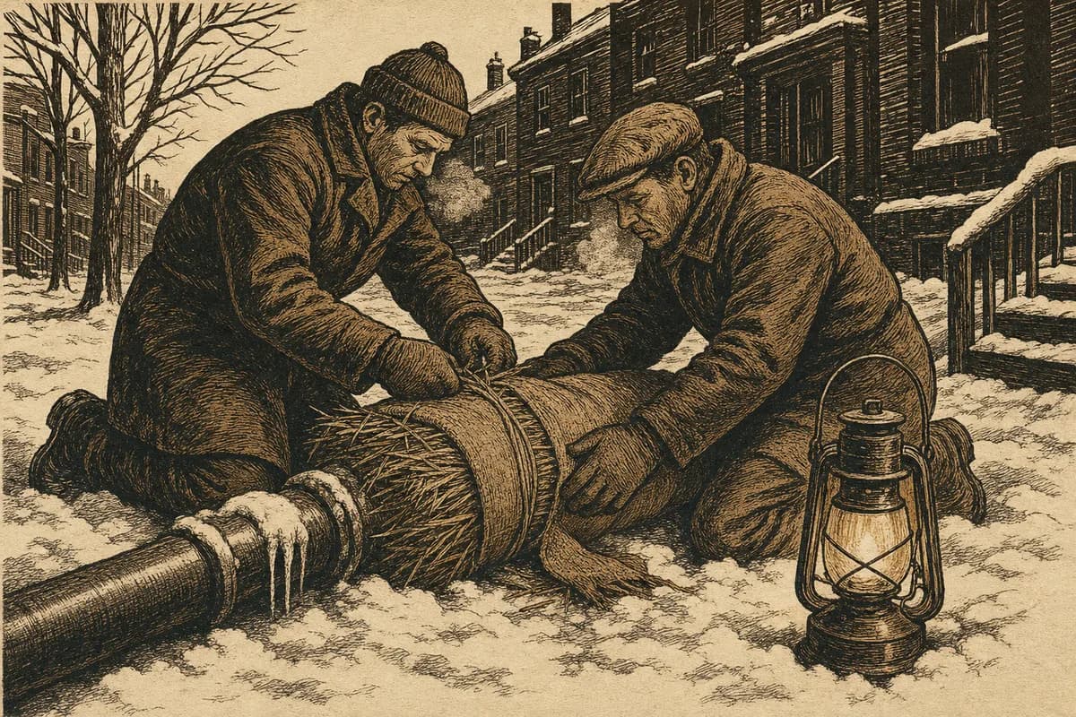 A woodcut of two men in heavy coats kneeling in deep snow to wrap a burst pipe with straw and sacking, a lantern beside them, dark frozen houses behind.