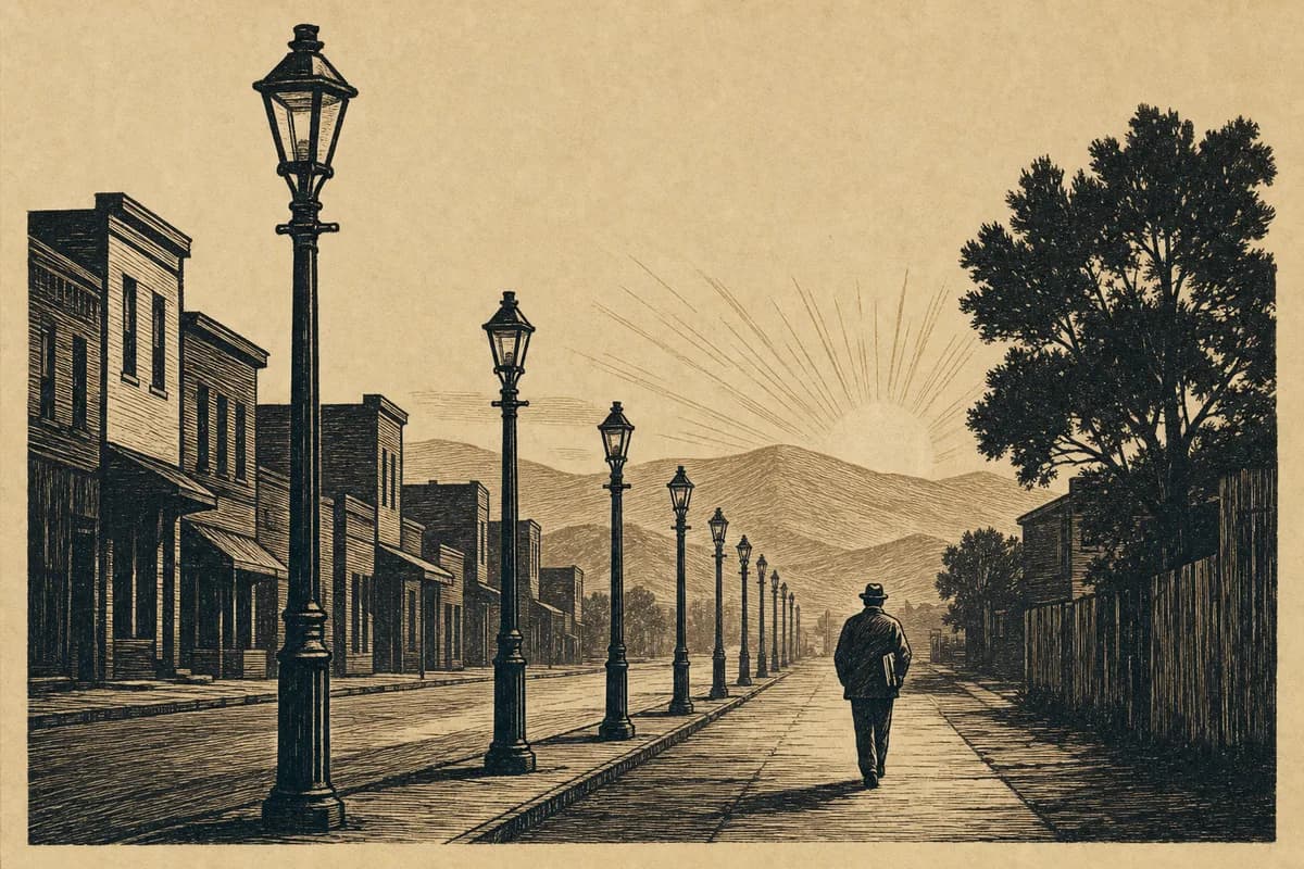 A woodcut of a woman walking at dawn beneath a receding row of unlit streetlamps.