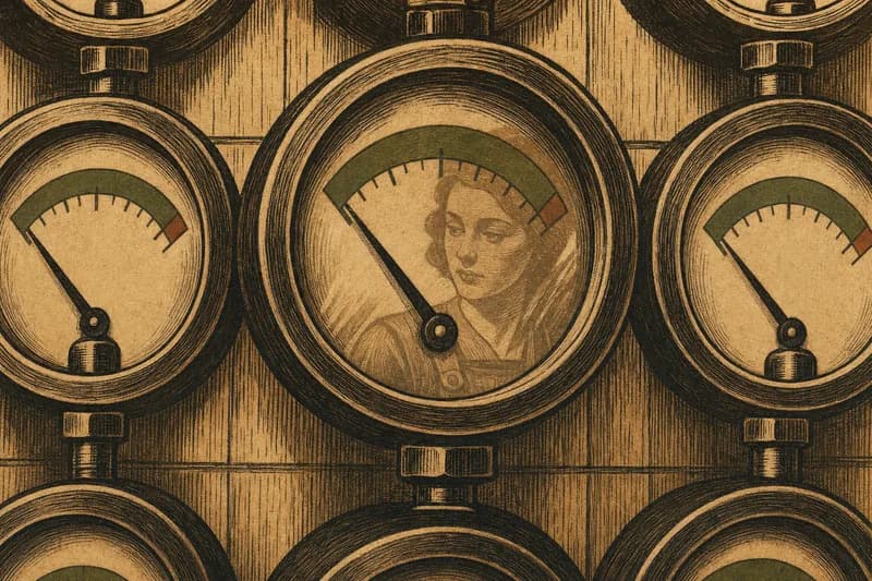 A woodcut of a wall of pressure gauges with all needles resting low, a woman's reflection faint in one dial.