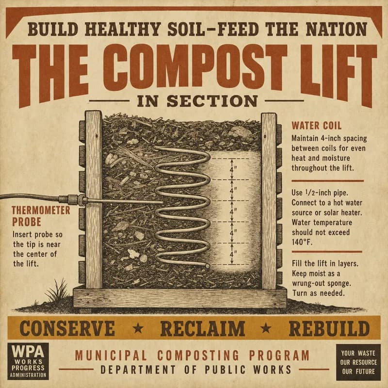 A sectional detail of a compost layer with an embedded water coil, spacing dimensions, and a thermometer probe.