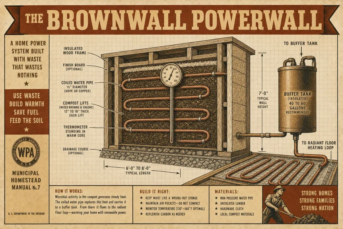 A vintage homesteading-manual cutaway diagram of a wood-framed insulated compost wall in cross-section, with water coils threaded between layers of compost and a long thermometer standing in the core, labeled callouts for the coils and a buffer tank, titled THE BROWNWALL POWERWALL, in cream, brown, and ochre tones.