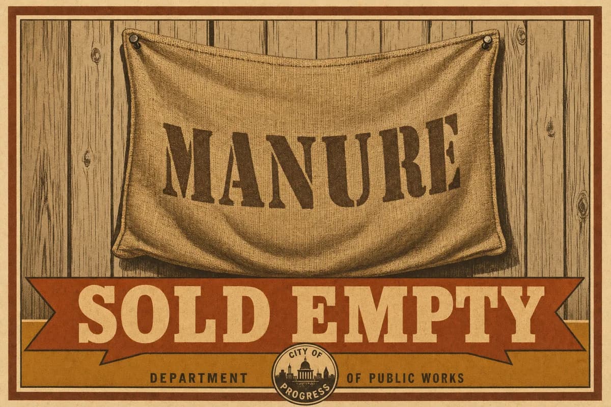 A WPA-style illustration of an empty burlap sack hung flat against a plank wall as decoration, bold stenciled capitals reading MANURE across its front, a small nail at each top corner, above a banner reading SOLD EMPTY.