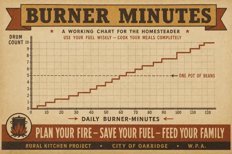 A chart plotting daily cooking minutes against number of digester drums, with a dashed horizontal reference line.
