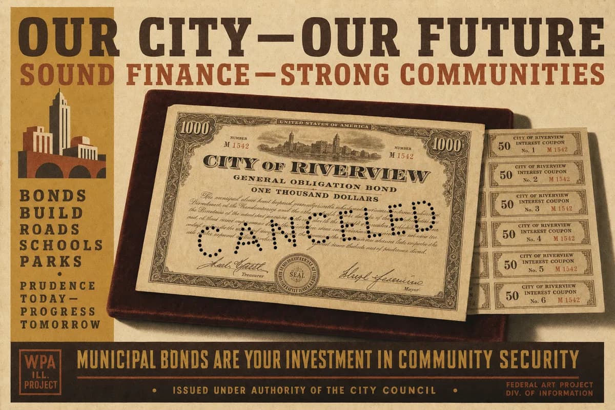 An engraved municipal bond on a cream museum mount, the word CANCELED punched across its face, a sheet of numbered interest coupons attached along one edge.