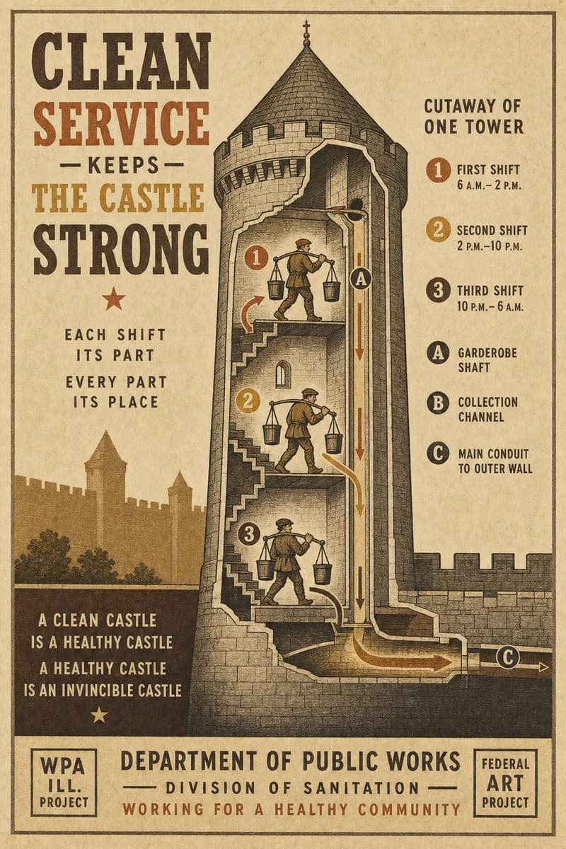 A cutaway of a castle tower showing a waste shaft, a collection channel, and porters carrying buckets down a spiral stair marked with numbered arrows.