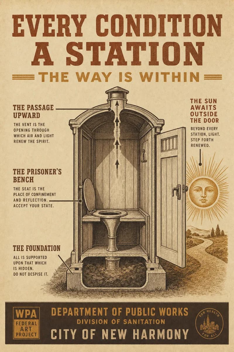 An engraved cross-section of a portable toilet with parts labeled as stations of a philosophical allegory.