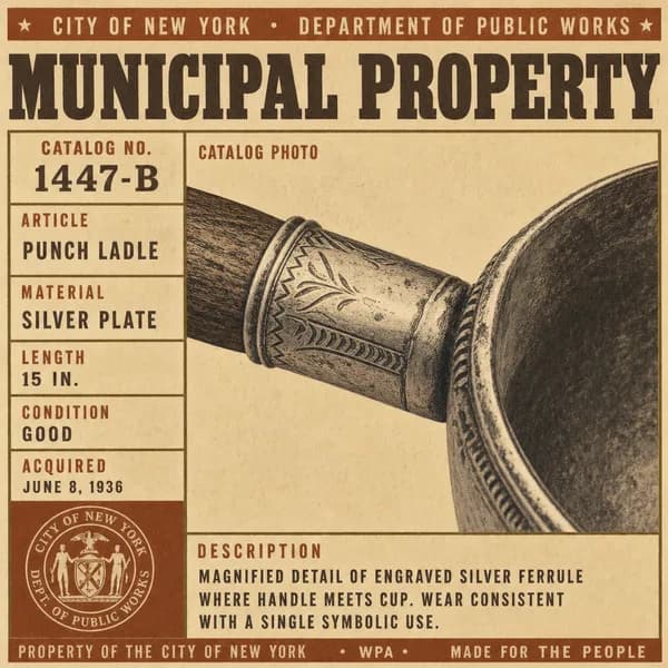 A close-up photograph of an engraved silver band joining a gilt handle to a rubber cup.