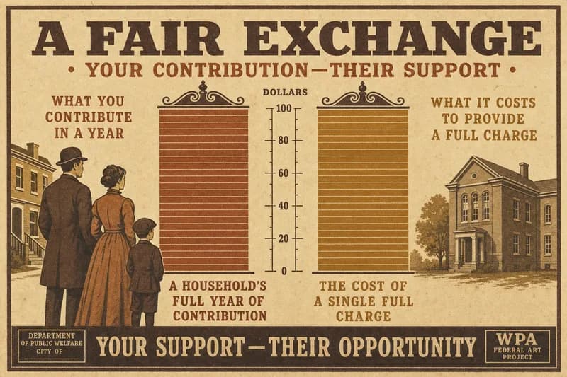 A bar chart with two columns of nearly equal height, one labeled a household's year of contribution and one labeled one full charge.