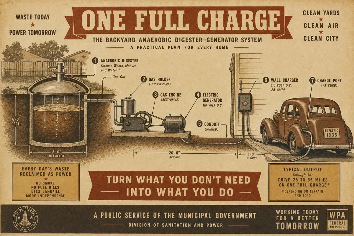 A Victorian scientific cutaway of a backyard biogas digester belt-coupled to a small generator feeding a wall charger, an electric sedan plugged in at the curb, dimension lines and hand-labeled callouts tracing the line from tank to charge port, with a banner reading ONE FULL CHARGE