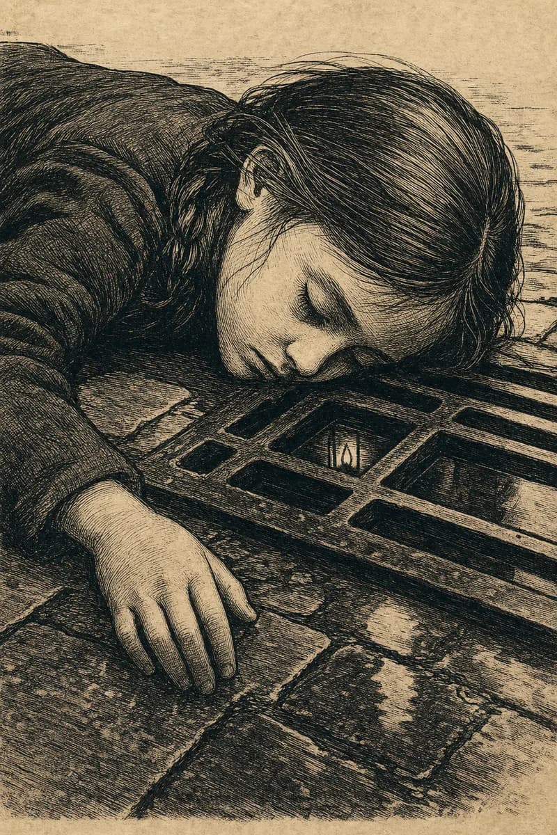 A woodcut of a girl lying flat with her cheek against an iron street grate, her eyes closed, a lantern flame reflected in the metal.