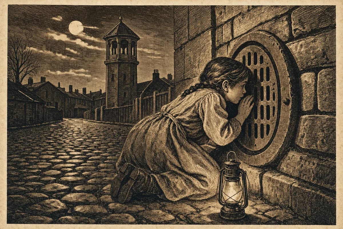 A woodcut of a small girl kneeling on a night street with her ear to an iron contribution grate, a lantern set beside her, the district's rooflines and a single pumping-station tower rising behind.
