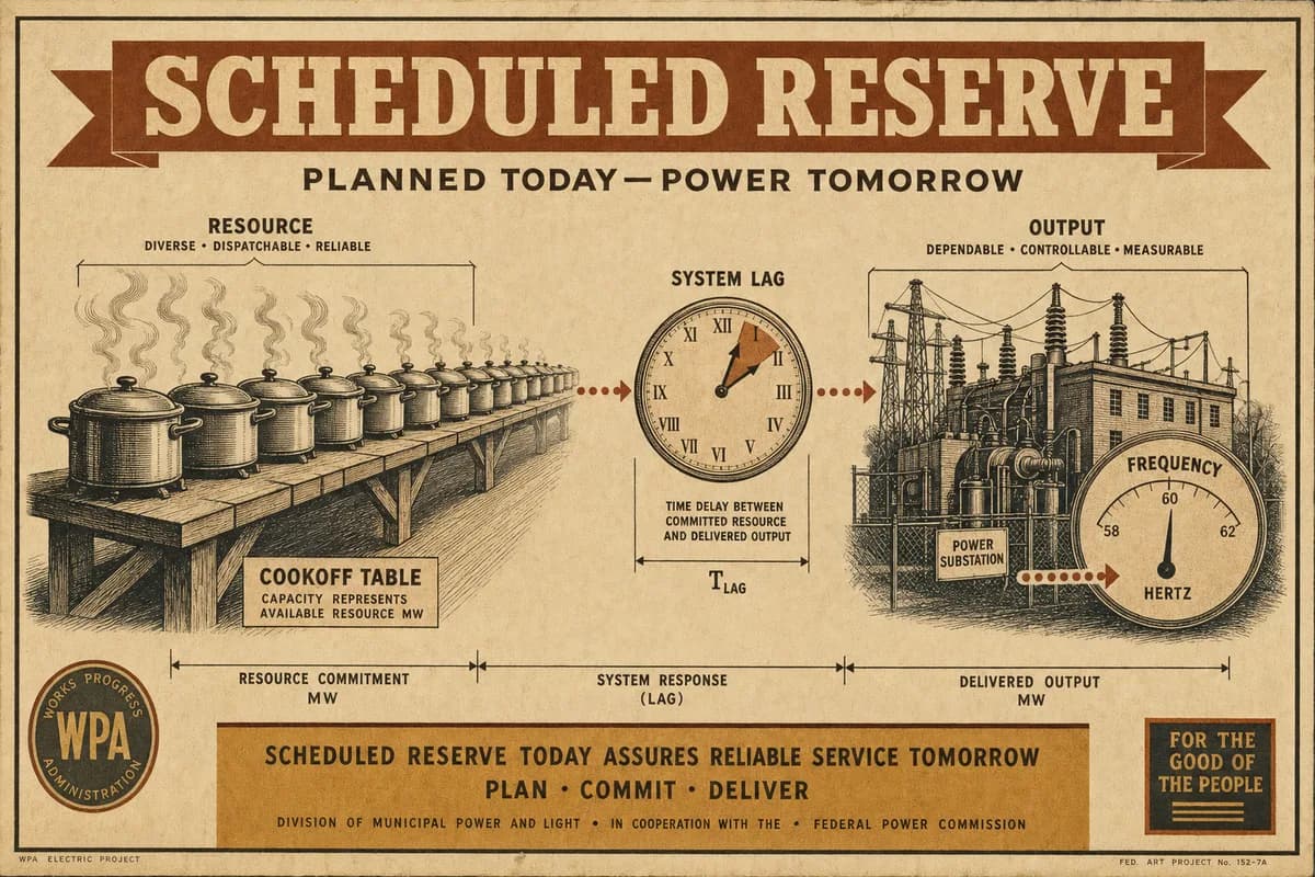 A Victorian scientific diagram of a long cookoff table of steaming pots, dotted arrows labeled OUTPUT running from the table through a delay clock to a power substation and a frequency dial, cross-hatched engraving with a banner reading SCHEDULED RESERVE