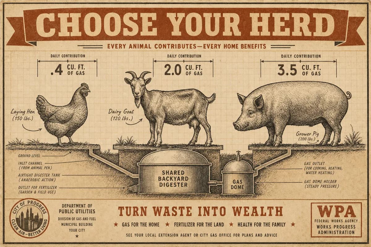 A vintage homesteading-manual comparison plate of a hen, a goat, and a pig standing beside a shared digester, each with a small gas figure above it, titled CHOOSE YOUR HERD, in cream, brown, and ochre tones.