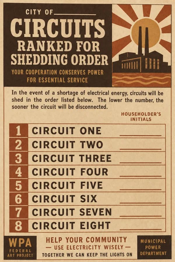 A printed placard listing eight household circuits in shedding order with initial lines beside each.