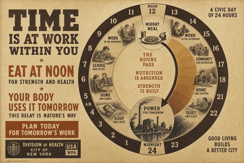 A twenty-four-hour clock with an arrow running from the midday meal to the next day's power station, the intervening hours shaded.