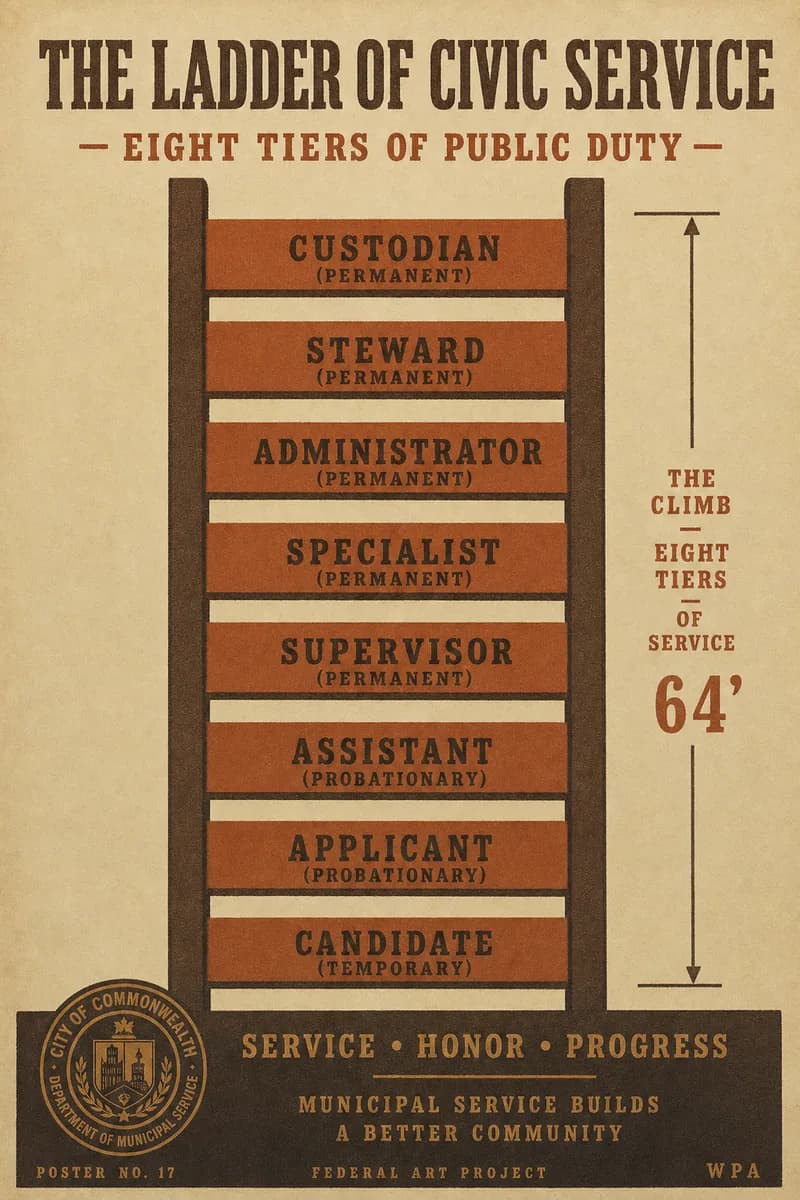 A ruled diagram of a ladder with eight labeled rungs and a dimension line, drawn with text labels only.