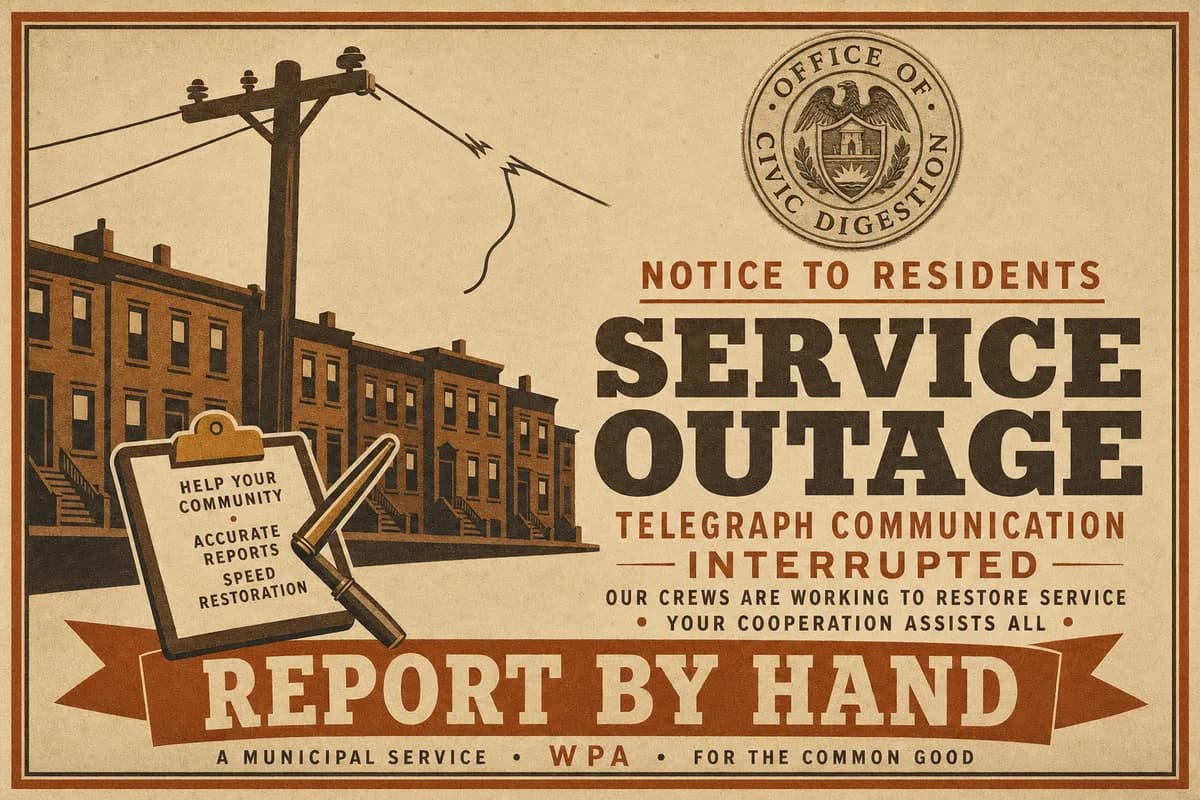 A municipal outage notice stamped with the seal of the Office of Civic Digestion, showing a telegraph pole with one snapped line above a row of rowhouses and a crossed clipboard and pen, beneath a banner reading REPORT BY HAND.