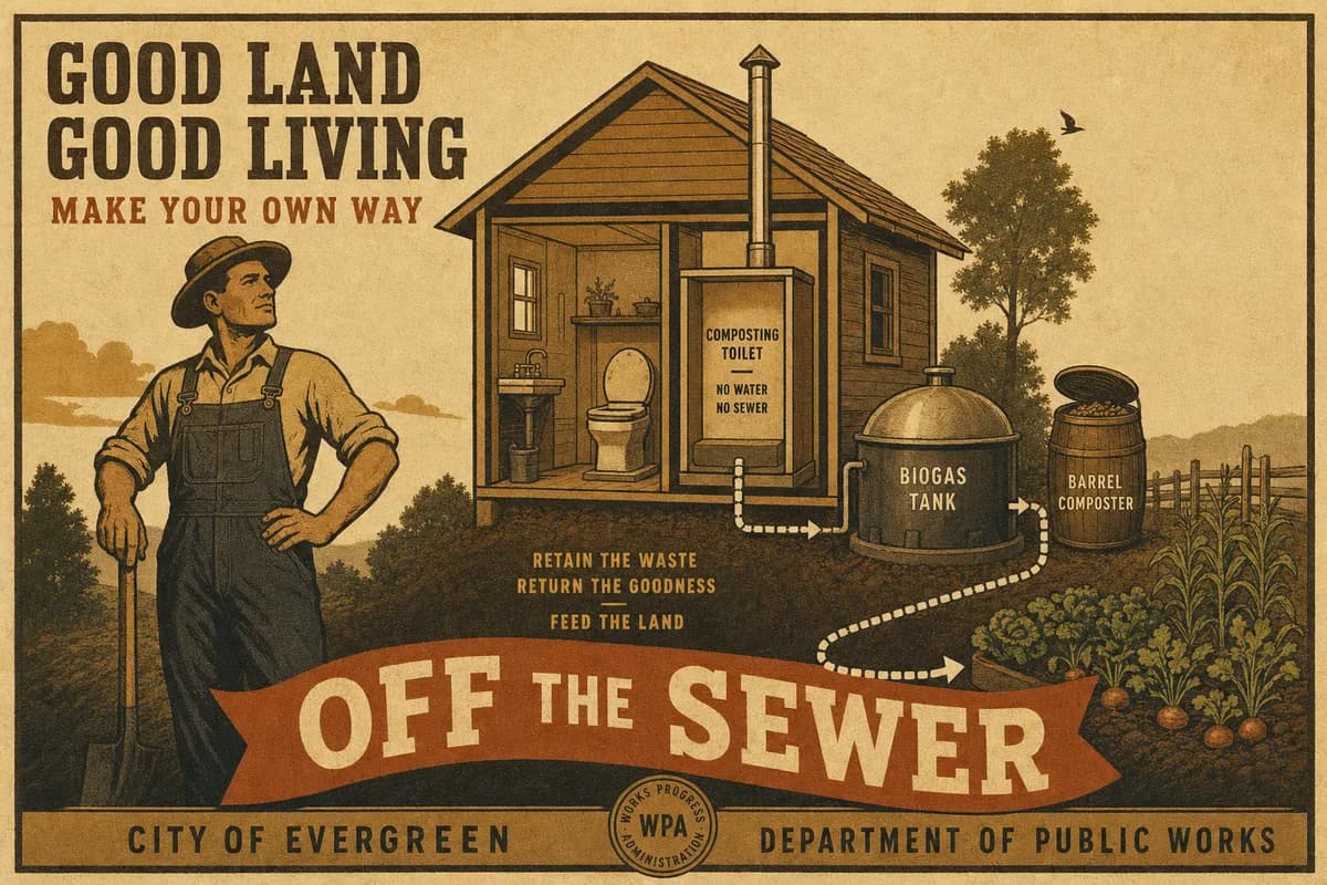 A proud homesteader in overalls stands beside a cutaway of a small off-grid home, a composting toilet indoors and a domed digester and compost drum in the yard, with a dotted line tracing waste out to the garden and a banner reading OFF THE SEWER.