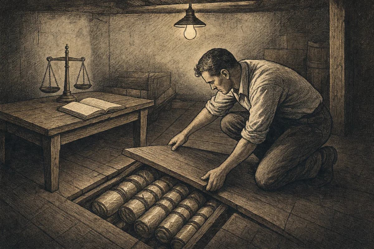 A woodcut of a dim back room lit by one bulb, a man in shirtsleeves lifting a floorboard to reveal rolls of contraband paper stacked in oilcloth, a scale and a ledger on the table beside him.